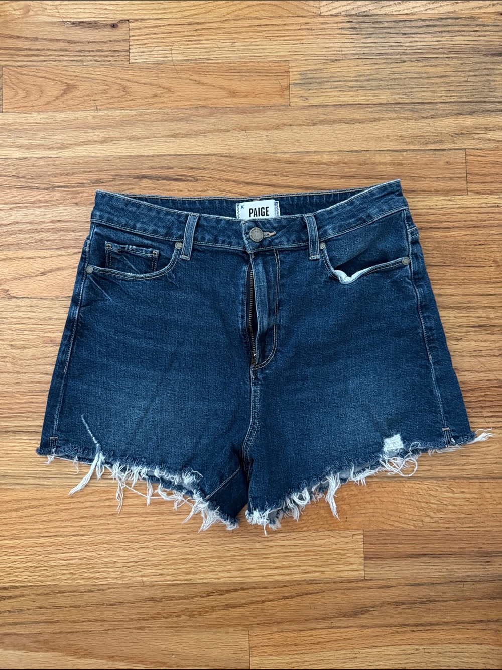 PAIGE Dark Blue Distressed Denim Jean Shorts